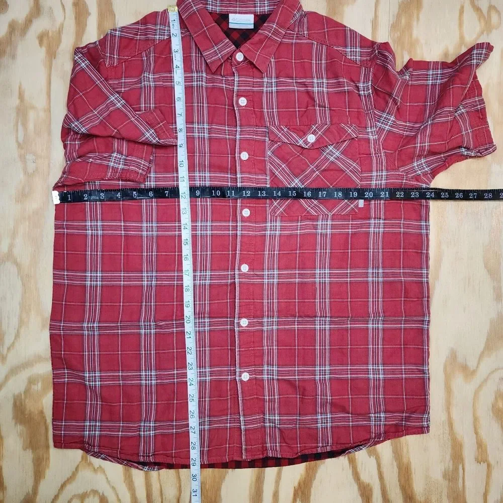 Columbia Mens XL Short Sleeve Red Plaid Double Layer Button Up Shirt‎